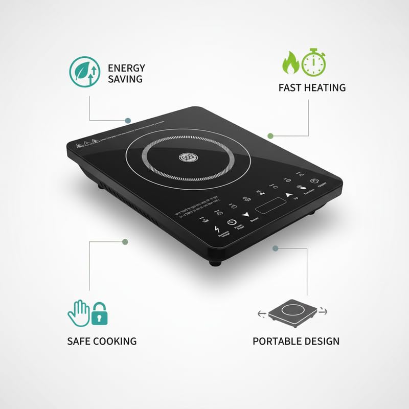 Drumstone (15 Years Warranty) 2000W Portable Induction Cooktop – Fast Heating, Touch Control, Energy Efficient, Smart Temperature, Safety Lock, Compact Design