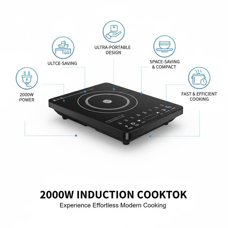 Drumstone (15 Years Warranty) 2000W Portable Induction Cooktop – Fast Heating, Touch Control, Energy Efficient, Smart Temperature, Safety Lock, Compact Design