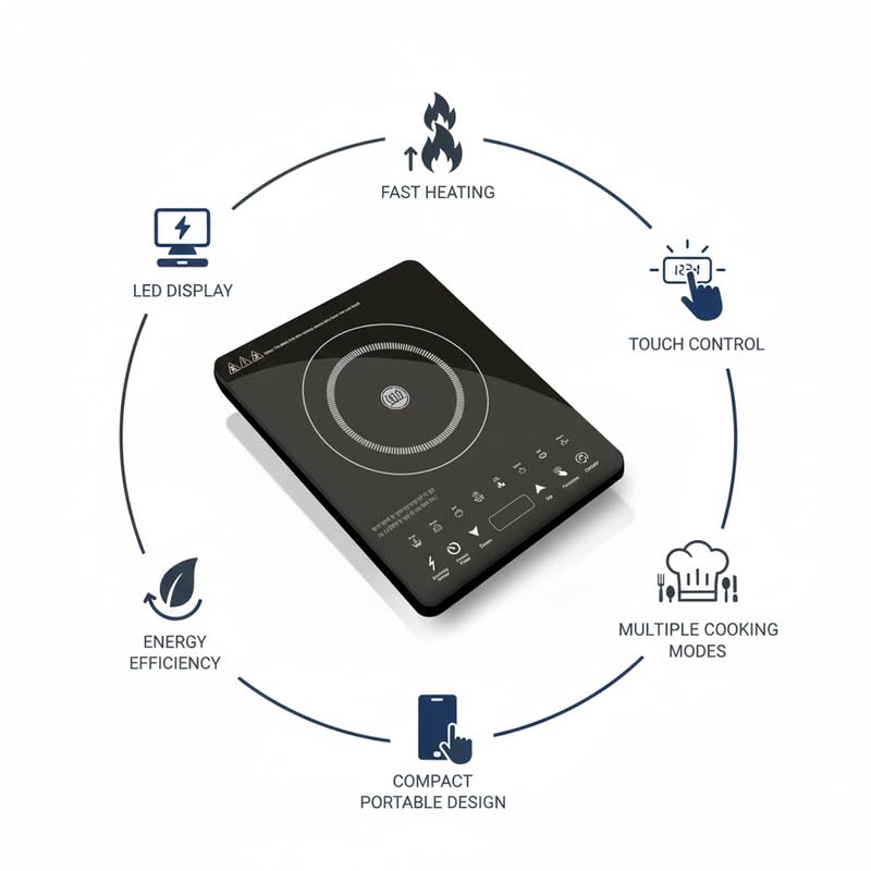 Drumstone (15 Years Warranty) 2000W Portable Induction Cooktop – Fast Heating, Touch Control, Energy Efficient, Smart Temperature, Safety Lock, Compact Design
